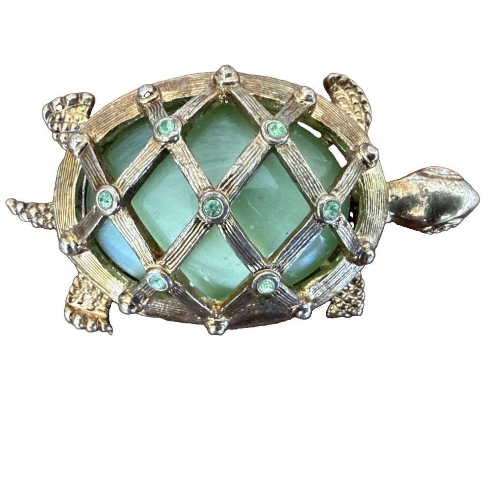 Vintage Liz & Co Sea Turtle Silver Tone & Green Frosted Glass Cabachon‎ Brooch